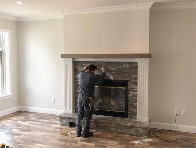 Bedford Chimney Sweep finishing a custom fireplace install in Bedford, OH